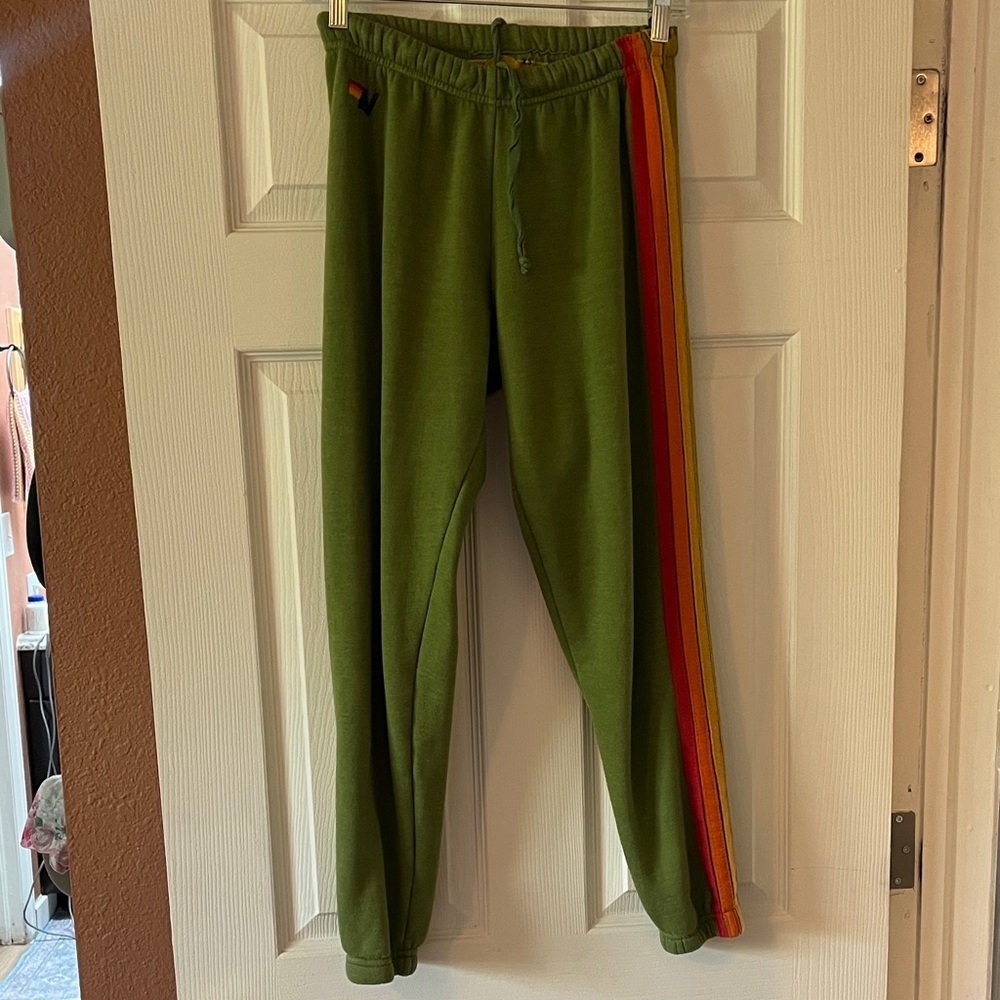 Aviator Nation Olive Green Joggers with Rainbow Side Stripes